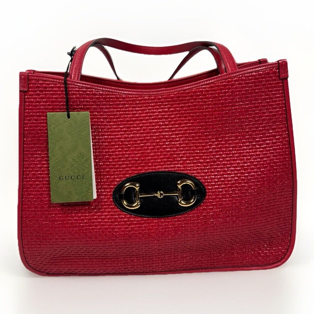 NWT & COA Gucci Horsebit 1955 Flame Red Leather-trimmed Faux Straw Tote Bag